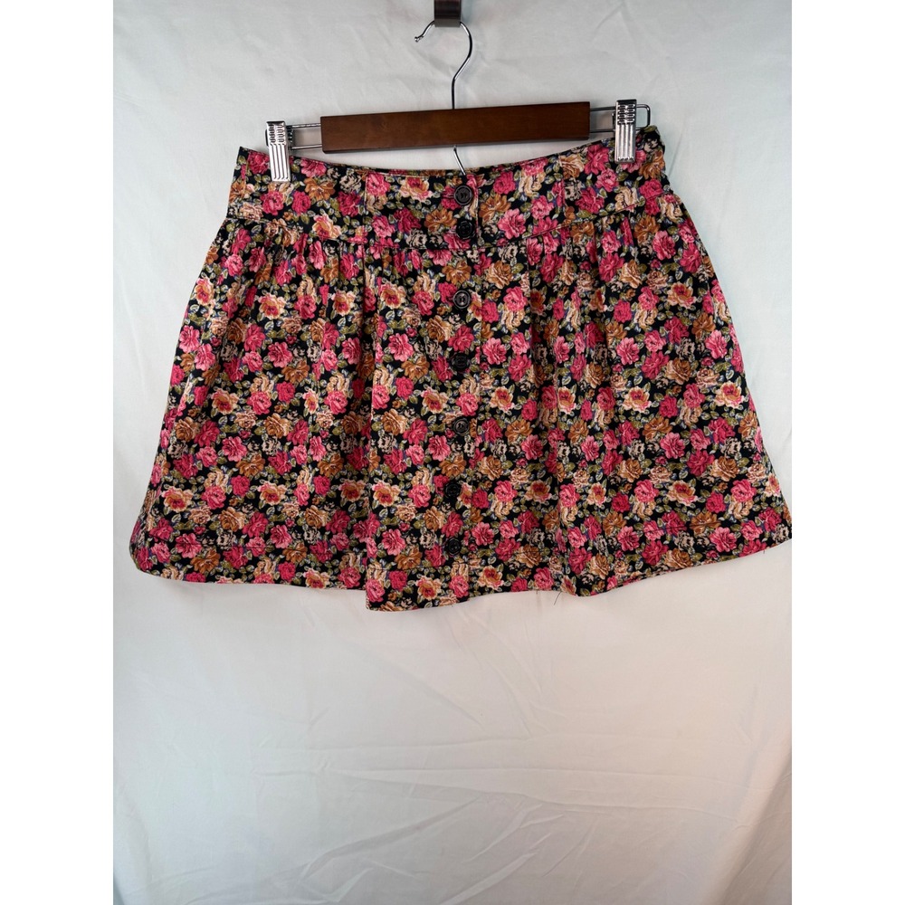 XXI Forever Floral Button Front Mini Skirt Pink Tan Roses Cotton Stretch Small